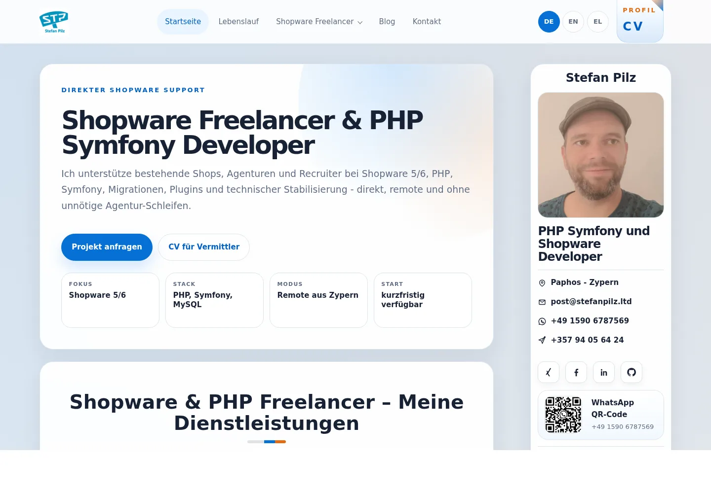 Aktuelle Startseite von stefanpilz.ltd mit Navigation, Leistungsübersicht und Profilbereich